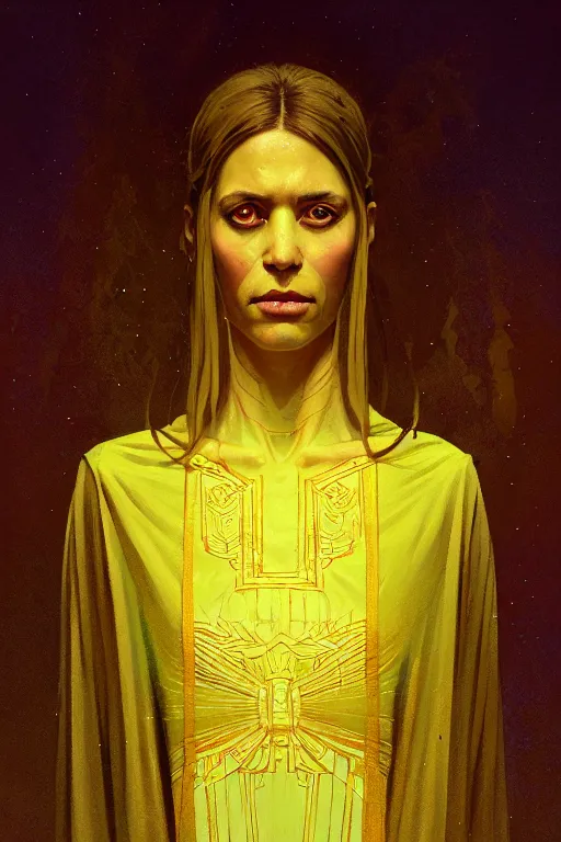 Image similar to high detail portrait of a possessed woman wearing an ancient greek tunic made of yellow paper, stephen bliss, fantasy art by greg rutkowski, rhads, ferdinand knab, makoto shinkai and lois van baarle, ilya kuvshinov, rossdraws, tom bagshaw, global illumination, radiant light, ancient greek temple ruins, green blue color theme