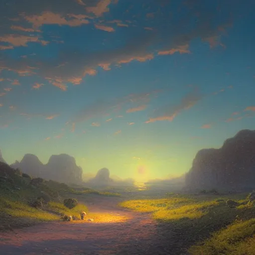 Prompt: enchanted desert plateau melting landscape by Thomas Kinkade, night time, lights in distance, Greg Rutkowski. trending on artstation, Hudson River School, 8k render