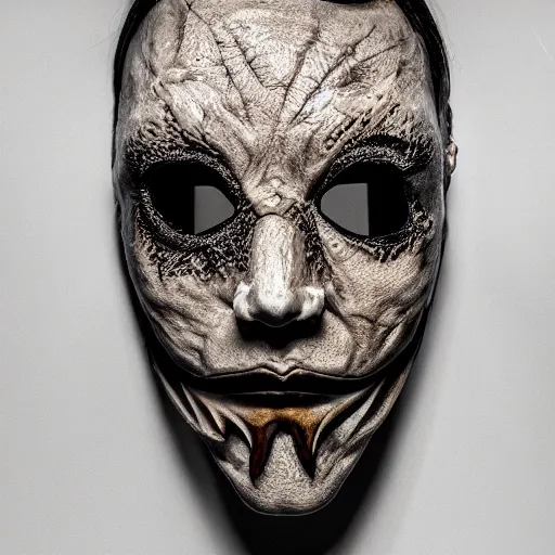 Prompt: horror mask, overhead photography, professional photography, photorealistic, intricate, detailed, intricately detailed, trending on artstation, 4 k, 8 k