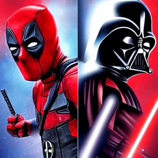 Prompt: A movie Poster of Deadpool vs Darth Vader staring at eachother