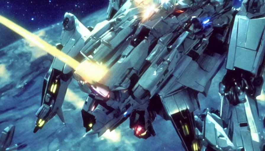 Prompt: full - color cinematic movie still from a live - action macross action film directed by michael bay. the scene features the valkyrie robots from macross fighting against zentradi in space or on planets, and changing to gerwalk mode. realistic robotech movie. highly - detailed ; photorealistic ; epic.