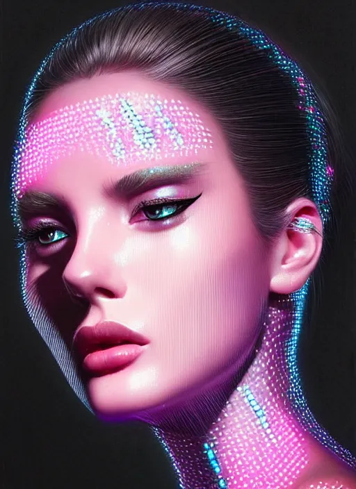 Image similar to photorealistic portrait of female humanoid, cyber neon lights, highly intricate, retro 6 0 s haute couture fashion, elegant, highly detailed, crispy quality, trending on artstation, trending on pinterest, glamor pose, no signature, no watermark, smooth, cinematic, art by artgerm and greg rutkowski