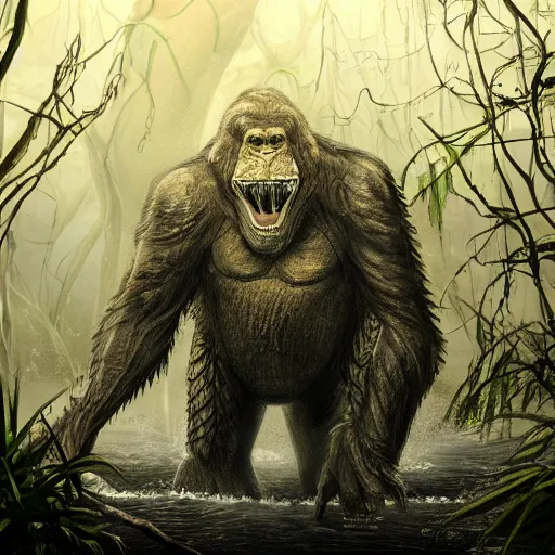 Image similar to A photograph of a giant monster lurking in the swamp, crocodile, mangrove swamp, murky water, vines, gorilla, trending on artstation