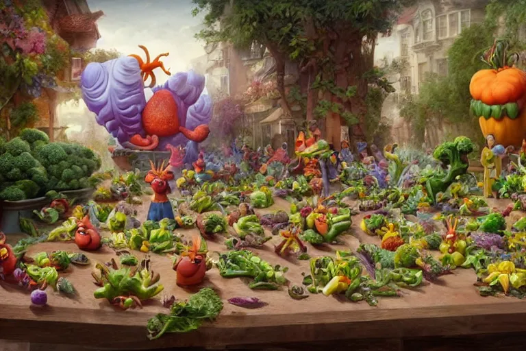 Prompt: miniature vegetable creatures parade on a cutting board. big chef in a kitchen in the background. digital art, realistic, pixar style, highly detailed, cinematic, matte painting, vivid colors, realistic, epic, low angle, lighting, by greg rutkowski and artgerm and alphonse mucha