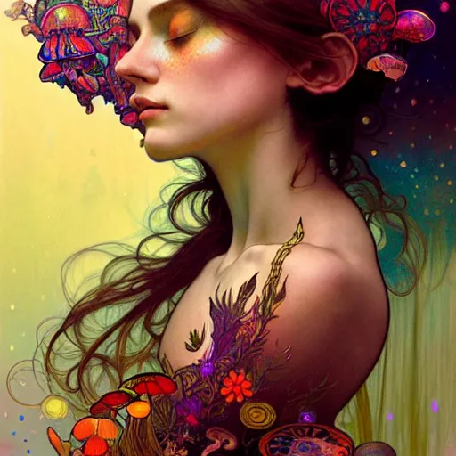 Image similar to A girl having an extremely colorful psychedelic experience, magic mushrooms, psilocybin, face, detailed, intricate, elegant, highly detailed, digital painting, artstation, concept art, smooth, sharp focus, illustration, art by Krenz Cushart and Artem Demura and alphonse mucha