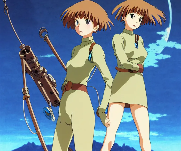 Image similar to anime art full body portrait character nausicaa by hayao miyazaki concept art, anime key visual of elegant young female, short brown hair and large eyes, finely detailed perfect face delicate features directed gaze, valley of the wind and mountains background, trending on pixiv fanbox, studio ghibli, extremely high quality artwork by kushart krenz cute sparkling eyes scenery