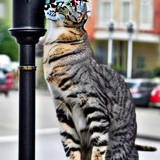 Prompt: Wow, the tongue of this cat is really stuck to the lamp post! poor thing