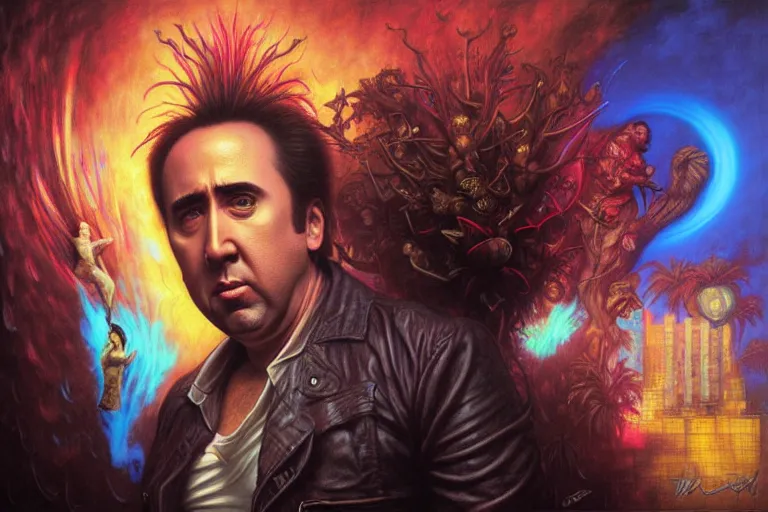 Image similar to nicolas cage in “ miami vice ” artwork, 4 k digital art, neon, 8 0's style tomasz alen kopera, peter mohrbacher, donato giancola, ilya repin, drew struzan