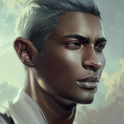 Image similar to ultra realistic illustration, young man with dark gray skin, short white hair, intricate, elegant, highly detailed, digital painting, artstation, concept art, smooth, sharp focus, illustration, art by artgerm and greg rutkowski and alphonse mucha