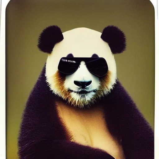 Image similar to gltch art, grainy head to shoulder portrait polaroid film photograph of a panda in a mall wearing aviator shades. super resolution. surreal. extremely detailed. polaroid 6 0 0 film. by annie leibovitz and richard avedon