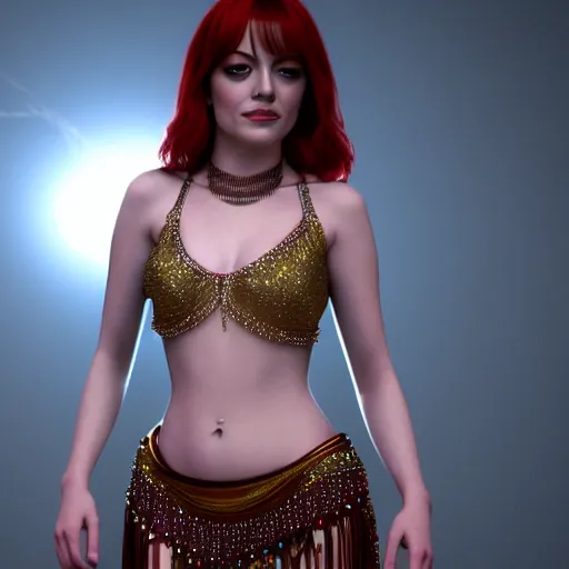 Image similar to a photorealistic portrait of actress emma stone dressed as a belly dancer, arabian night, volumetric lightening, octane render, high quality, fully detailed, 4 k, in focus sharp face with fine details, inspired by belly dancer on youtube, alphonse mucha, masterpiece, stunning