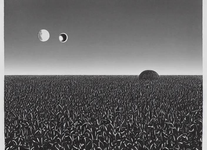 Image similar to Flying saucer landing in corn field with two moons in the sky, albumen silver print by Timothy H. O'Sullivan Ralph Mcquarrie