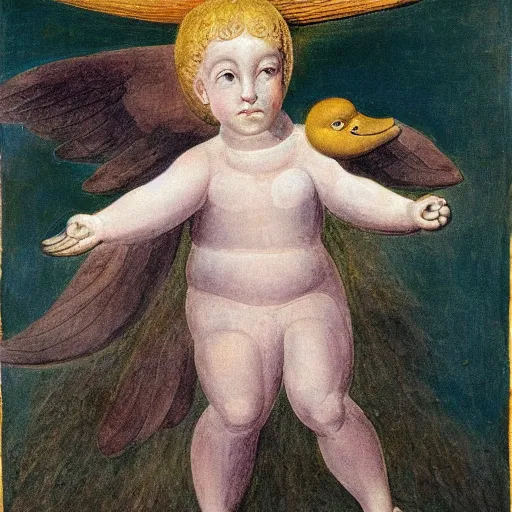Image similar to biblical angel holding a duck, by jean deville, by william blake, oil on canvas