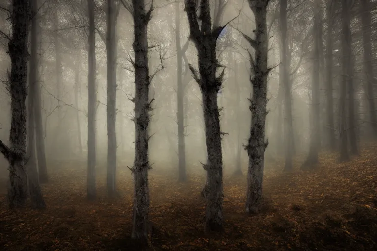 Image similar to deep dark moody forest, red fog on the ground, bleak. big stones, dark mood. mysterious. doom. realistic painting. photobashing, matte painting, highly detailed, autumn, cinematic, hyperralistic, artstation, art brut, outsider art, symbolist, dramatic lighting, god rays, clean crisp graphics, smooth sharp focus, extremely detailed