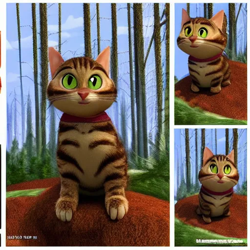 Image similar to pixar movie, brown tabby cat, 3 d, cute pixar _ tabby _ cat in a forest