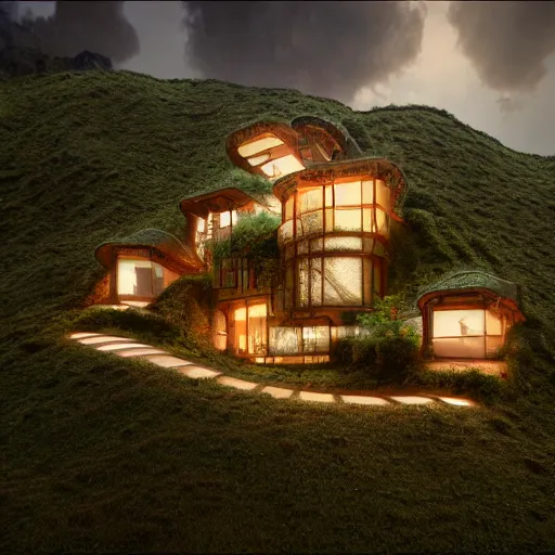 Prompt: ! dream small hillside house made of honey, modern lighting, hyper - realistic, hyper - detailed, 8 k, octane rendered, art nouveau, organic, flowing, impossible torsion, writhing, lush, dynamic