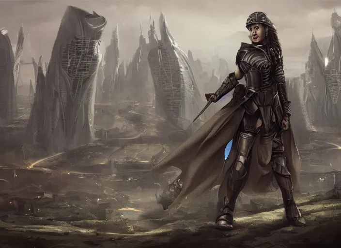 Image similar to landscape of a future city, a young english woman between the ages of 2 0 - 2 5 years, wearing armor and pointing a dagger, wearing a face full of anger. cinematic capture, dramatic condition, fine art, modern realism, sharp focus, good lighting, trending on artstation, trending on tiktok, smooth drawing, elegant, authoritative, without anomalies.