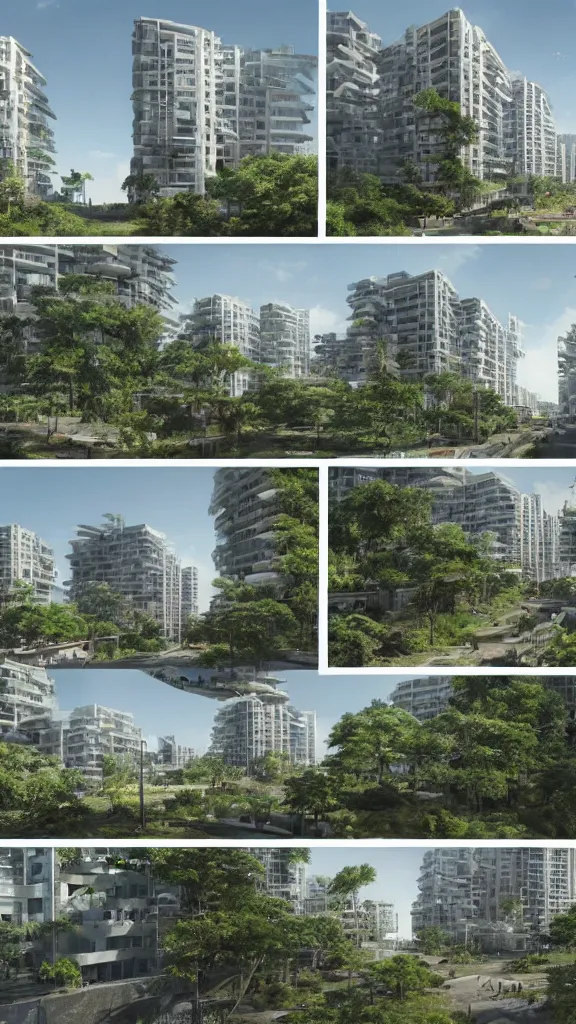 Image similar to 5 - panel comic page layout. 2 characters talking about sustainable futuristic building in a urban setting. ultrarealistic matte painting on white page. the building has many deep and tall balconies covered in plants and trees. thin random columns, large windows, deep overhangs. plants hang from balconies. greeble articulated details with plants. 8 k, uhd.