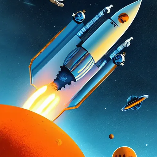 Image similar to Blue V2 rocket in space, tin tin, an orange as a planet, intricate, SCI-Fi, movie poster, high detail, digital art by raphael lacoste