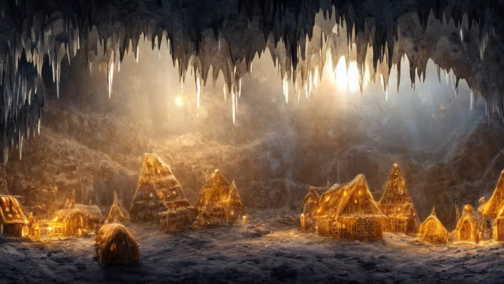 Image similar to an underground village in an ice cave with straw hut houses with a golden cave off to the left, painting, fantasy, dreamy lighting, detailed, intricate, high fantasy, 4 k
