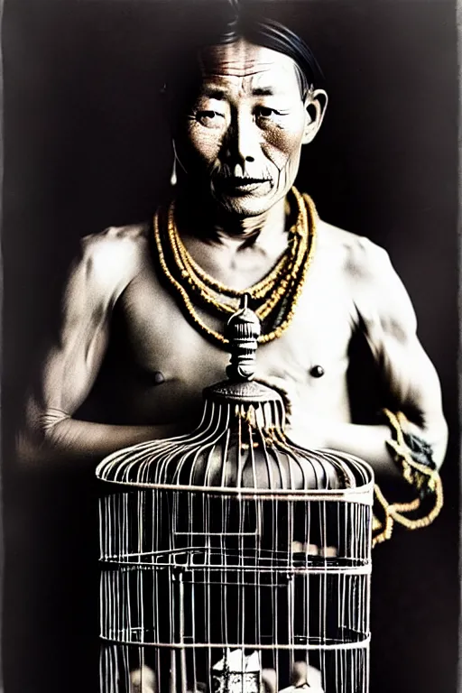 Image similar to ultra realistic vintage photo portrait of a tibetan man with a birdcage in the chest, by Annie Leibovitz,