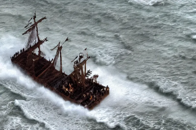 Image similar to vfx movie closeup portrait pirate crew running down beach as pirate ship fires canons, sand explosion by emmanuel lubezki