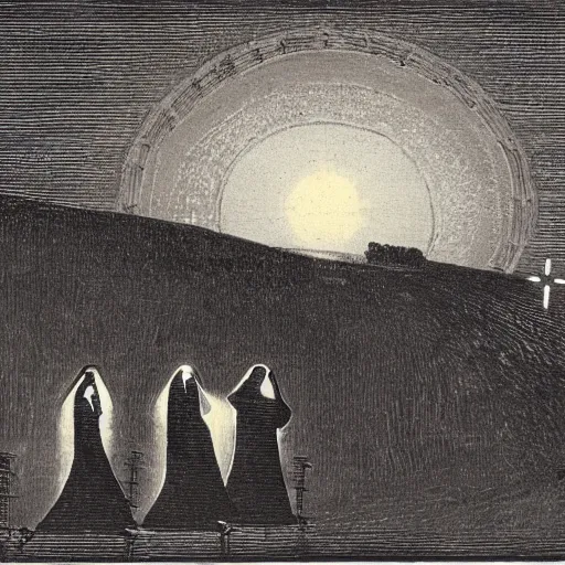 Prompt: A Holy Week procession of four souls in a Spanish landscape at night. A figure at the front holds a cross. By Carl Gustav Carus, Edward Hopper. Symetrical, logo, geometric shapes.