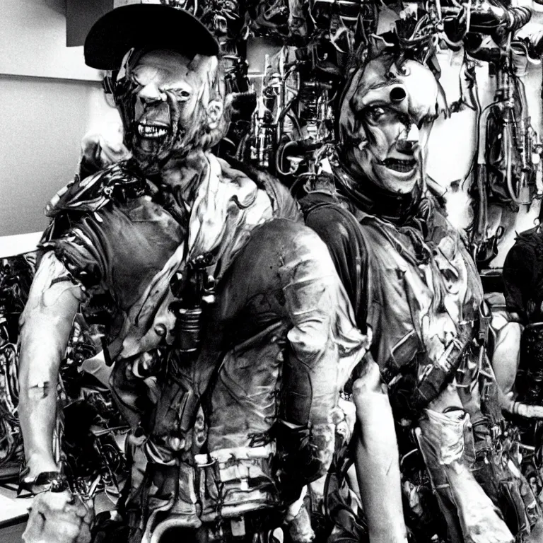 Prompt: Aphex twin in Alien 5, dressed as a Colonial Marine, by Neill Blomkamp, 2023 4K
