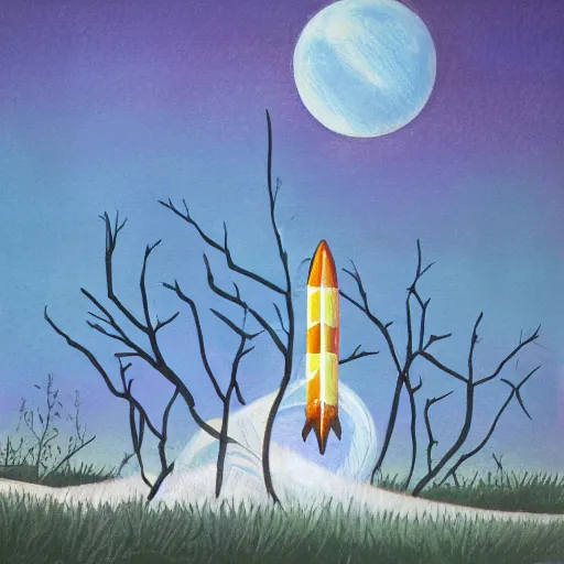 Prompt: abandoned rocket ship, distant knotted branches, mild pastel gouache, extremely detailed