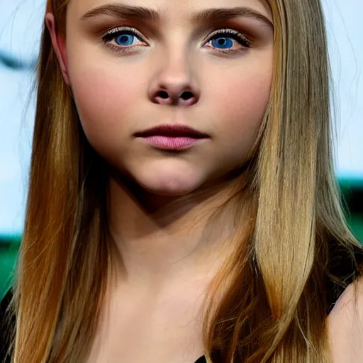 Image similar to brunette with dyed blonde hair, 21 years old, 165 cm tall, long flat blonde hair, eyes green, 30% smaller nose, smaller mouth, round shaped face, big forehead, lop eared, thin eyebrows,chloe grace moretz lookalike, real life photograph