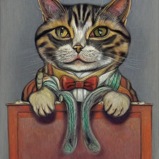 Prompt: portrait of a young disillusioned cat, drained of energy by the artistic struggle, by louis wain and johanna martine, trending on artstation