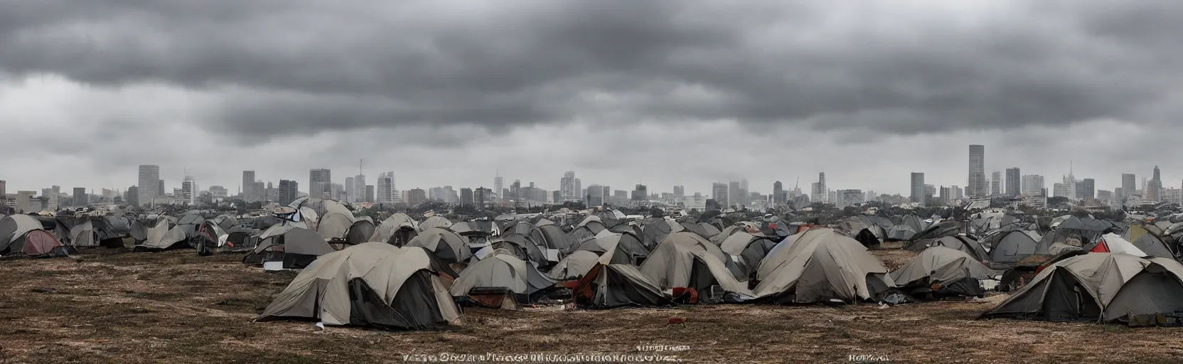 Image similar to cloudy, grey skies, american knights, tent camp in foreground, fortress city of office buildings in background upon hill, post apocalyptic, grungy