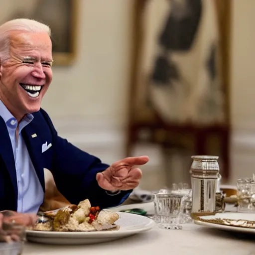 Image similar to 4 k hdr portrait wide angle photo of president joe biden laughing at a dinner table meeting surrounded by taliban terrorist leaders