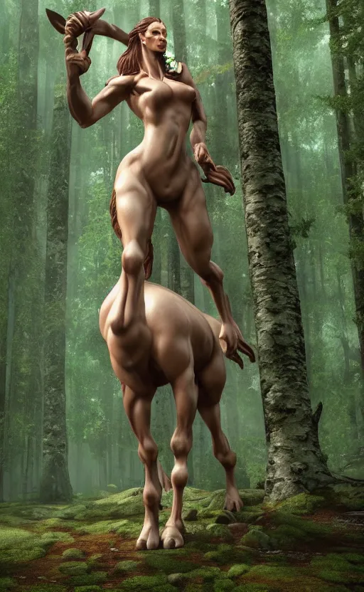 Image similar to photograph of a female centaur in a birch forest, huge detailed muscles in jeff koons hip hop bauhaus style, beautiful detailed face, ultra realistic, concept art, intricate details, serious, highly detailed, photorealistic, octane render, 8 k, unreal engine, natural light, art by todd mcfarlane