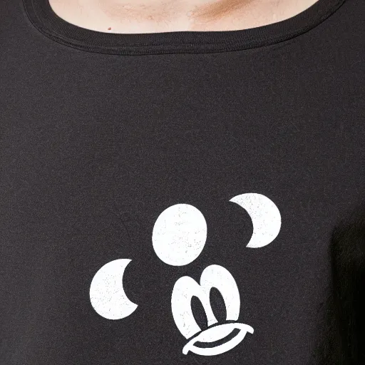 Prompt: a mickey mouse t - shirt, but the outline of mickey mouse is a wet. crusty old black t - shirt, 8 k studio photo.