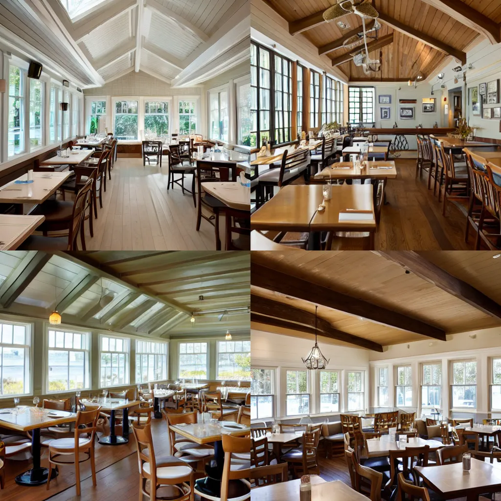 Prompt: cape cod restaurant interior, bright, neutral colors, large windows, vaulted ceiling