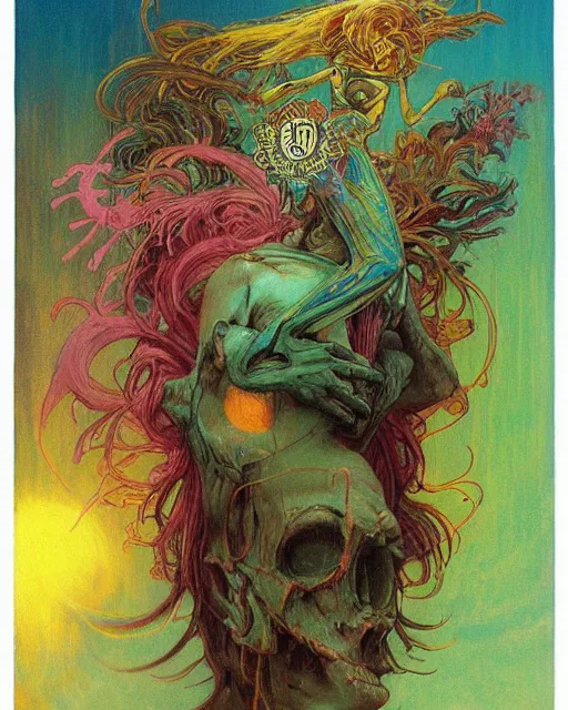 Prompt: rainbow flowerpunk portrait of a skateboarding tattooed green god by paul lehr, beksinski, alphonse mucha, jesper ejsing