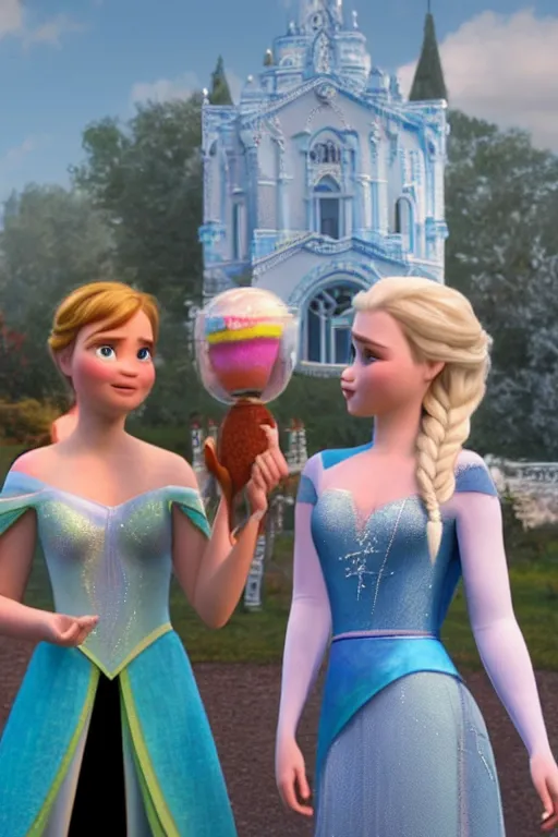 Image similar to Tessa Thompson and Evan Rachel Wood as Anna and Elsa, 3d render, Pixar