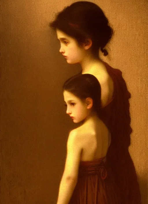 Image similar to shadows in the dark lurking on a lost little girl wearing a gold cloak, backlight, creepy, extremely realistic and highly detailed painting by william - adolphe bouguereau and caravaggio, soft light, gold ratio