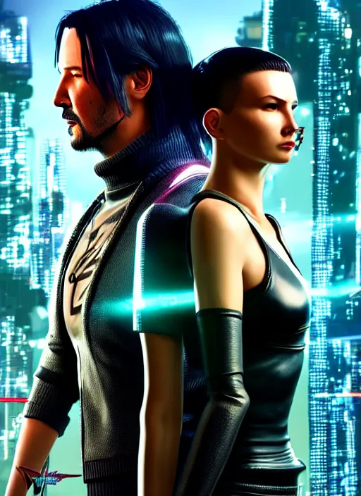 Image similar to a cyberpunk 2077 couple portrait of a Keanu Reeves as johnny silverhand and a female android in final kiss,love,fantasy, intricate, elegant,film lighting,artstation,deviantart,FAN ART,full of color,Digital painting,face enhance,highly detailed,8K,octane,golden ratio,cinematic lighting