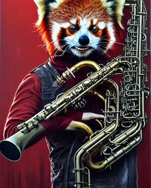 Image similar to a portrait of an anthropomorphic cyberpunk single red panda playing a saxophone by sandra chevrier, by jon foster, detailed render, tape deck, epic composition, cybernetics, 4 k realistic, cryengine, realistic shaded lighting, sharp focus, masterpiece, by enki bilal