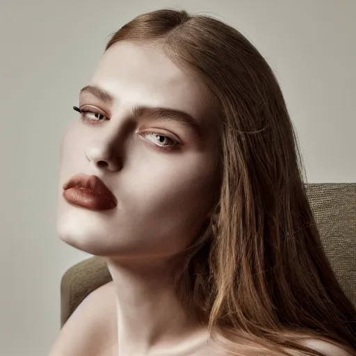 Image similar to close up of face of female fashion model sitting on chair, beige colors, official jil sander editorial