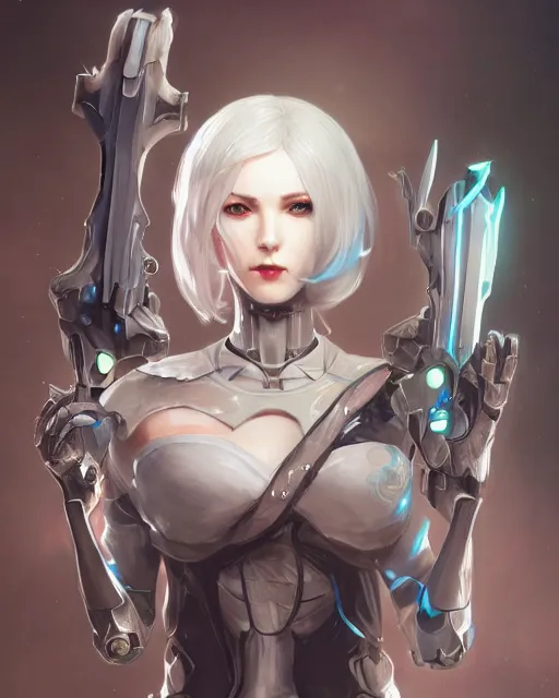 Image similar to holy cyborg necromancer girl, elegant, perfect face, scifi, futuristic, utopia, garden, illustration, atmosphere, warframe, blue eyes, white hair, focused, artstation, nier automata, highly detailed, art by yuhong ding and chengwei pan and serafleur and ina wong