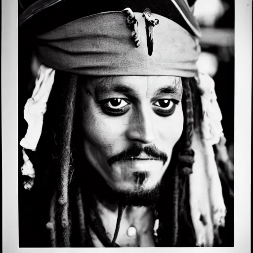 Prompt: black and white award winning photograph captain jack sparrow with wide grin portrait dramatic lighting by Walker Evans