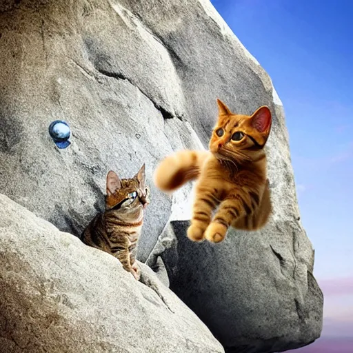 Prompt: realistic photo of a cat pushing a dog through a cliff.