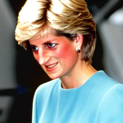 Prompt: princess diana being beamed up to a UFO