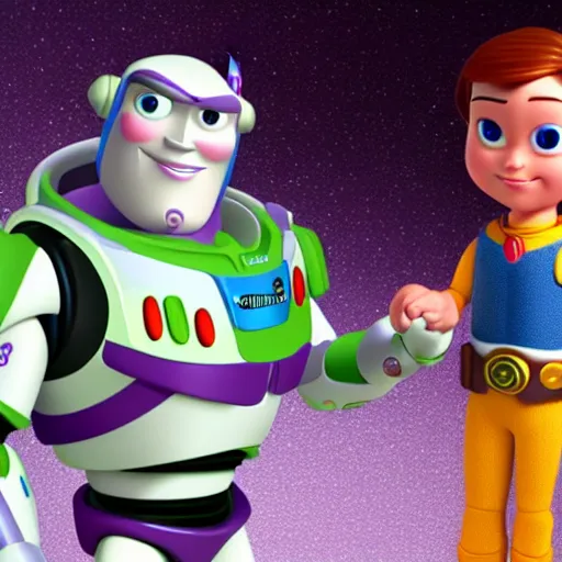 Prompt: buzz lightyear and rey skywalker holding hands
