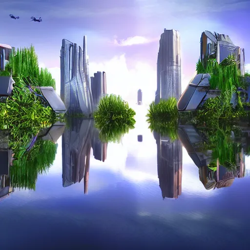 Image similar to futuristic city ultra-realistic utopia lake photorealism reflection jungle drones android,8k