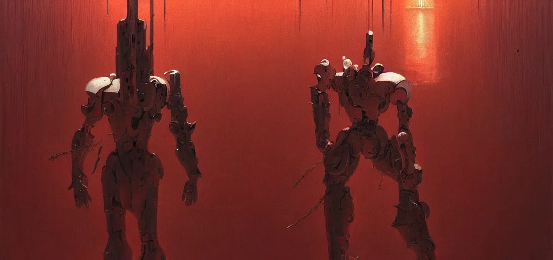 Image similar to only with white, a red samurai futuristic mecha, tokio, a lot of swords, in the style of beksinski, parts by edward hopper, parts by rodcenko, parts by yue minjun, intricate and epic composition, white by caravaggio, insanely quality, highly detailed, masterpiece, red light, artstation, 4 k