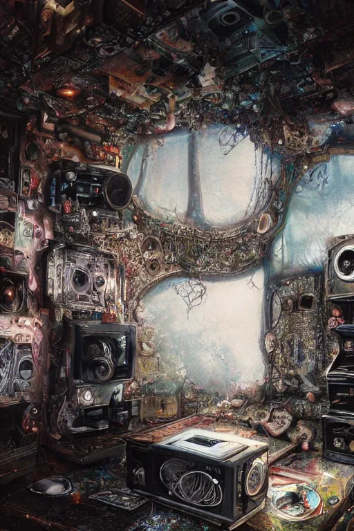 Image similar to the inside of a computer by mahmoud farshchian, mia brownell, very detailed, maximalism, ambient occlusion, volumetric light, atmospheric haze, hyper realism, realistic shading, cinematic composition, realistic render, photorealistic, wide shot